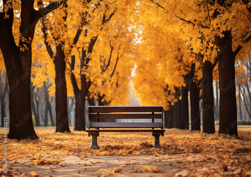 bench in golden autumn park in foggy day
