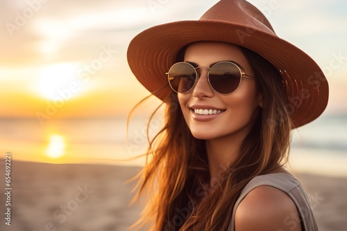 Portrait of beautiful happy woman wearing hat and sunglasses on beautiful beach at sunset