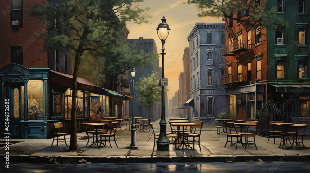 A painting of a street scene with tables and chairs