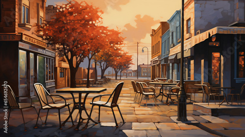 A painting of a street scene with tables and chairs