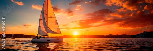 Luxury yacht sailing at sunset.
