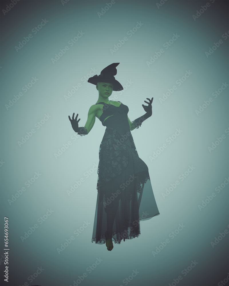 Green witch Halloween black dress hat woman spooky witchcraft costume leaning back knee raised 3d illustration render digital rendering Green witch Halloween black dress hat woman spooky witchcraft costume leaning back knee raised 3d illustration render digital rendering