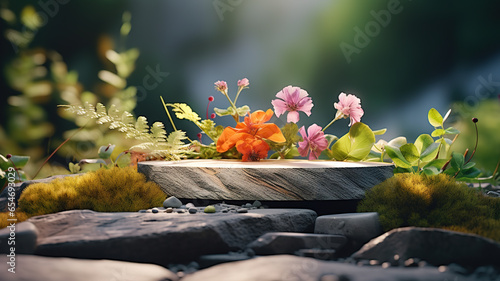 rocky product podium surrounded with flowers in the garden
