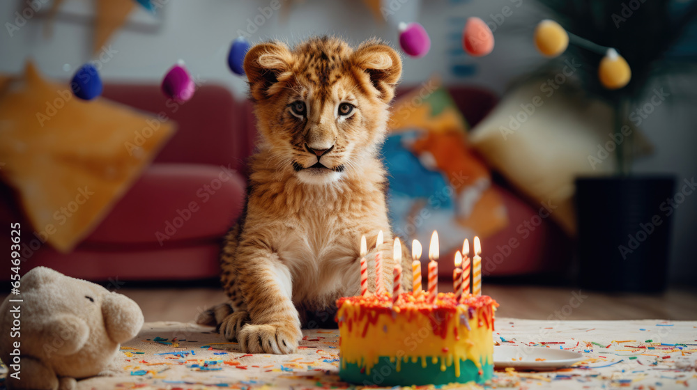 A lion cub playing with a birthday cake-shaped toy