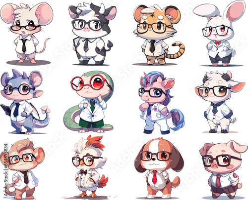 Collection Vector Twelve Chinese Zodiac Year Wearing Student Uniform The,e Astrological Signs and Symbol in Cute Cartoon Style on White Background