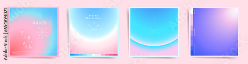 Winter modern art square cover design. Social media square post template with Christmas gradients. Circular pink blue layout template set.