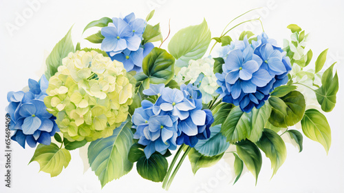 A painting of blue and green hydrangeas