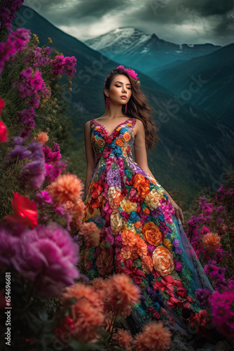 Elegance in Nature: A Stunning Girl Amidst Colorful Mountain Flowers