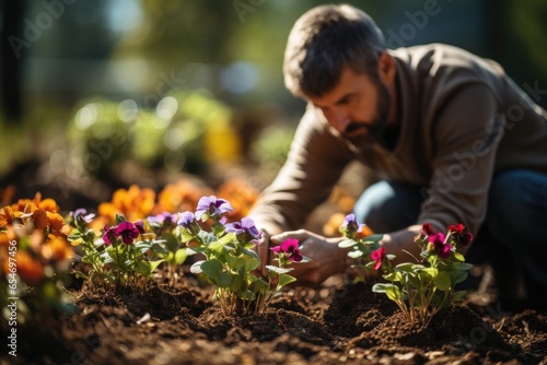 Gardener planting flowers in the ground. © kardaska