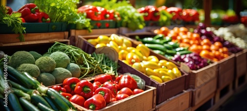 Fresh vegetables in cardboard boxes on market.