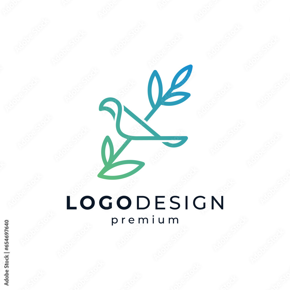Fototapeta premium shiny bird and leaves with line art style for bird or zoo logo design