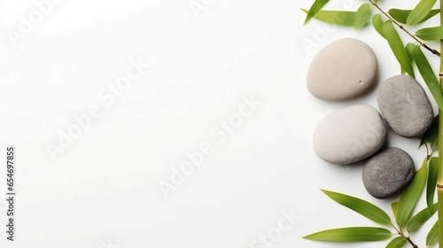 Bamboo branches and spa stones on light background