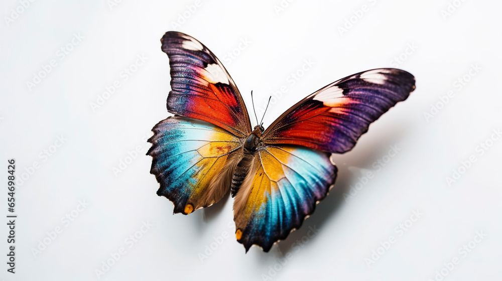 Fototapeta premium Butterfly on white background, closeup of colorful butterfly wings.