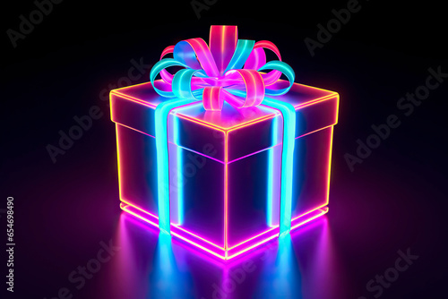 Glowing gift box in neon style on a black background. photo