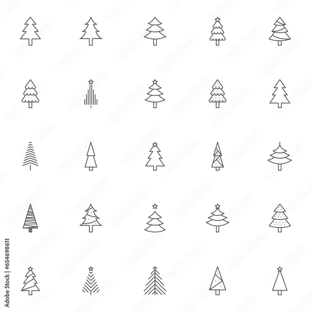 Christmas tree outline icons set. linear style symbols collection, line signs pack. vector graphics. Set includes icons as Xmas tree decoration with star, Coniferous forest, Spruce winter tree, Fir Christmas tree outline icons set. linear style symbols collection, line signs pack. vector graphics. Set includes icons as Xmas tree decoration with star, Coniferous forest, Spruce winter tree, Fir