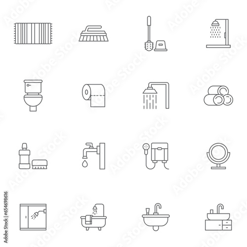 Bathroom and sanitary equipment line icons set. linear style symbols collection, outline signs pack. vector graphics. Set includes icons as toilet brush, sink with water tap, bathtub, shower stall
