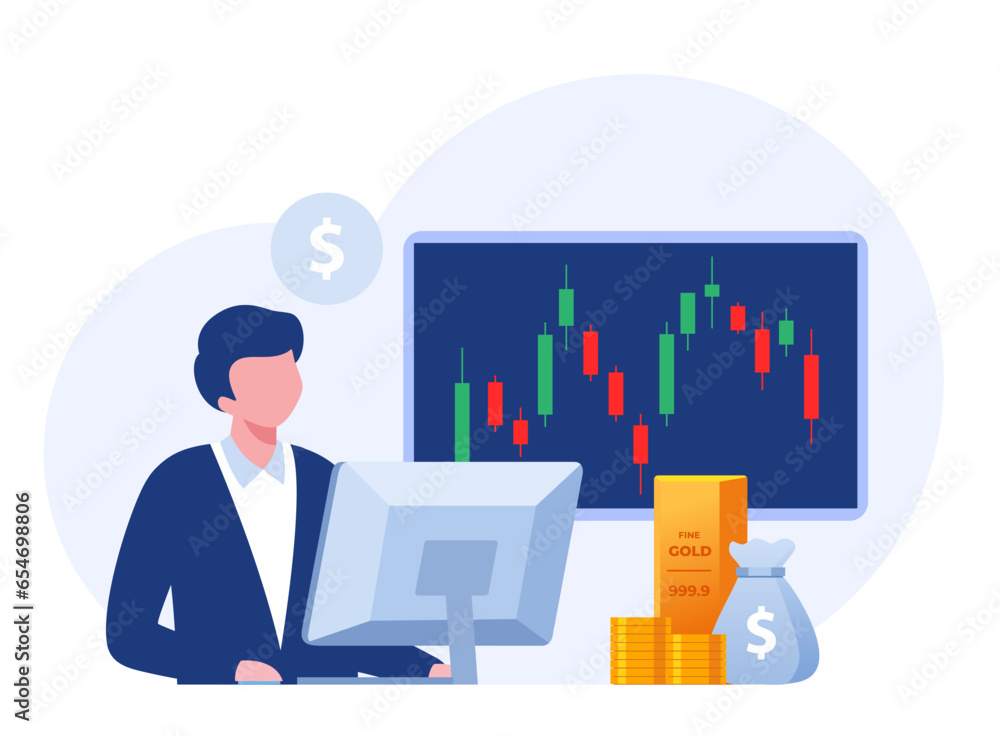 Trading stock, forex, bitcoin, currency, candlestick analyst, analysis concept, commodities, flat vector illustration for banner premium vector