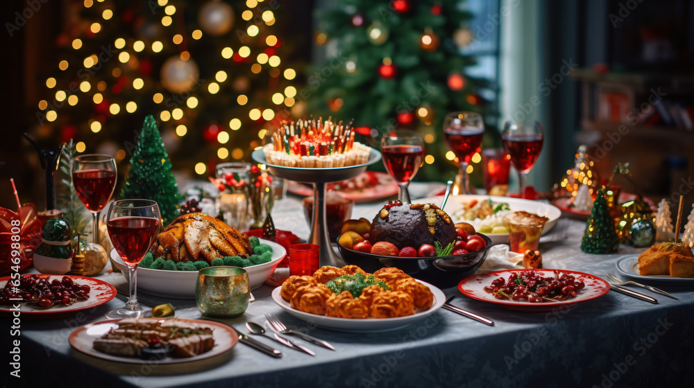 Christmas Dinner table full of dishes with food and snacks, New Year's decor with a Christmas tree on the background - obrazy, fototapety, plakaty 
