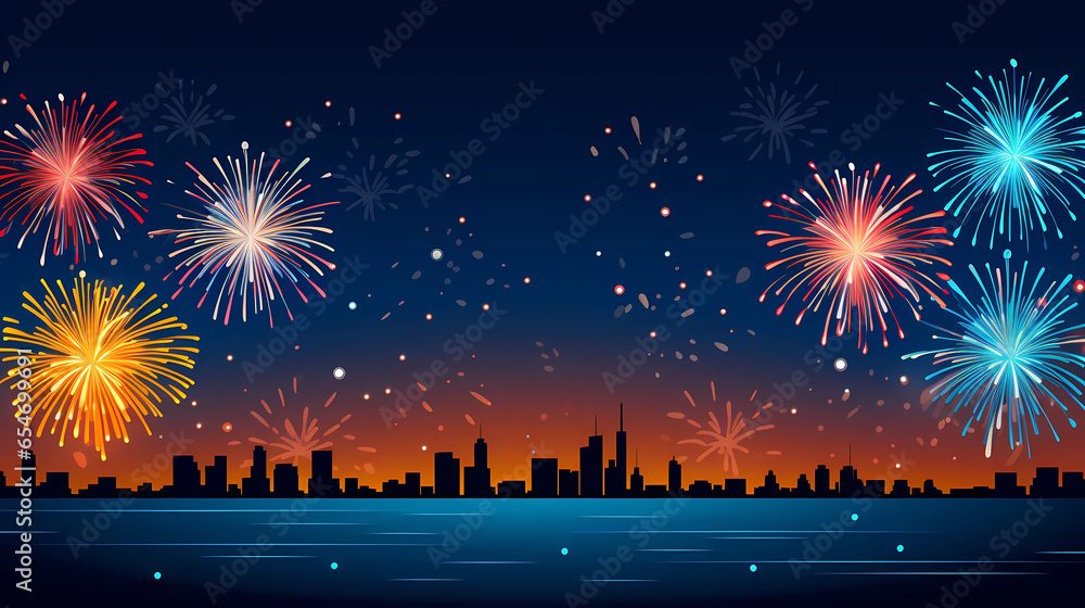 Hand drawn cartoon New Year's beautiful fireworks illustration in the night sky
 - obrazy, fototapety, plakaty 