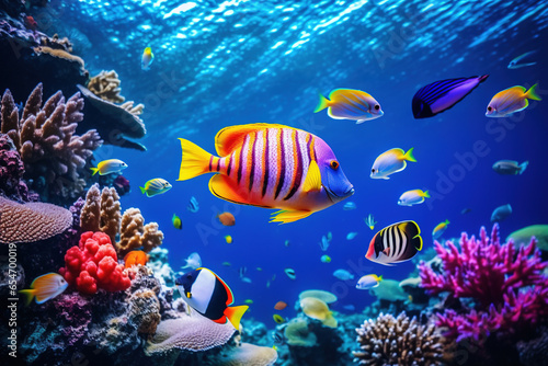 The vibrant world of tropical sea underwater fishes on a coral reef comes alive, resembling an aquarium or oceanarium. This colorful marine panorama captivates with its diverse wildlife