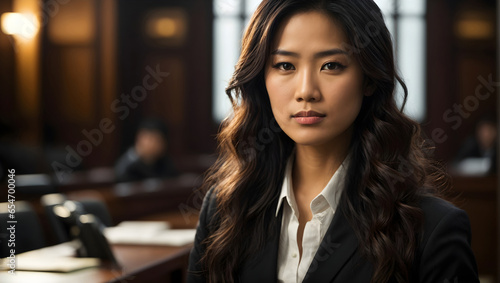 A professional and empathetic woman lawyer, her demeanor commanding attention against the blurred courtroom backdrop, representing excellence in the legal field