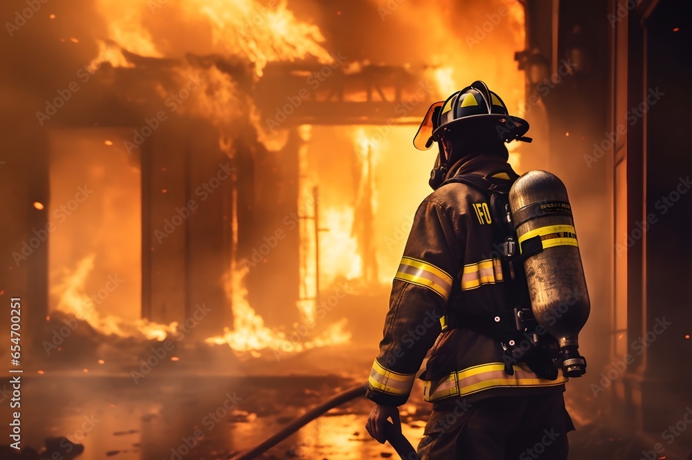 Firefighter works on fire, fireman walks inside burning building Firefighter works on fire, fireman walks inside burning building