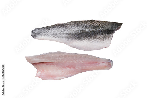 Fresh raw sea bass fillet isolated on a white background