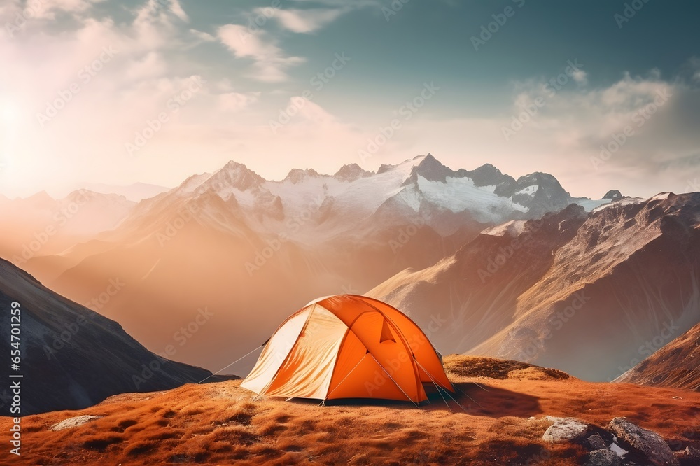 Orange tent on the background of mountains at sunset