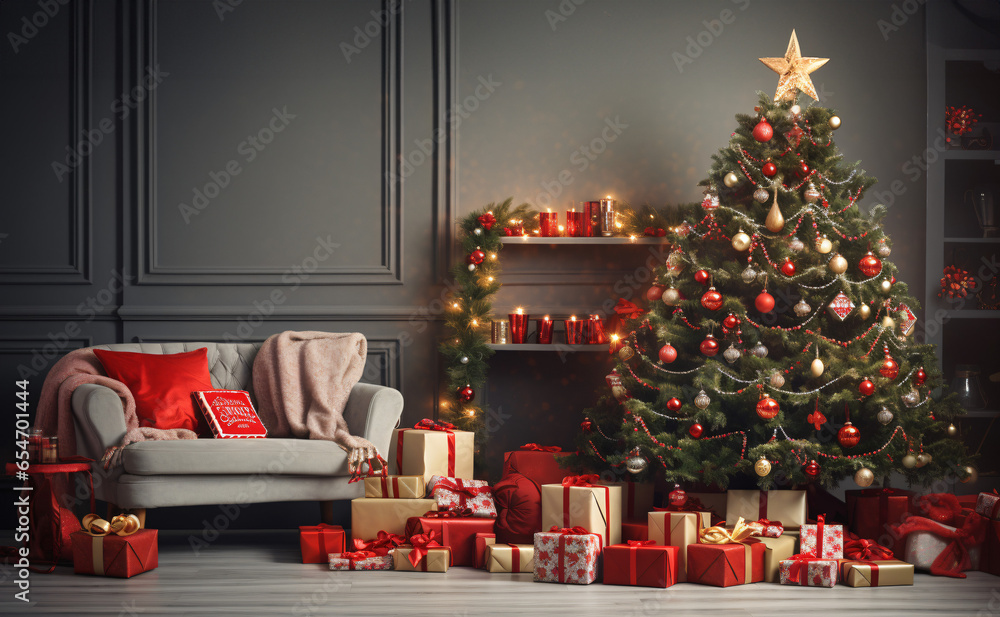 Christmas tree in living room with gifts and decorations - obrazy, fototapety, plakaty 
