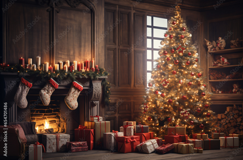 Christmas tree in living room with gifts and decorations - obrazy, fototapety, plakaty 