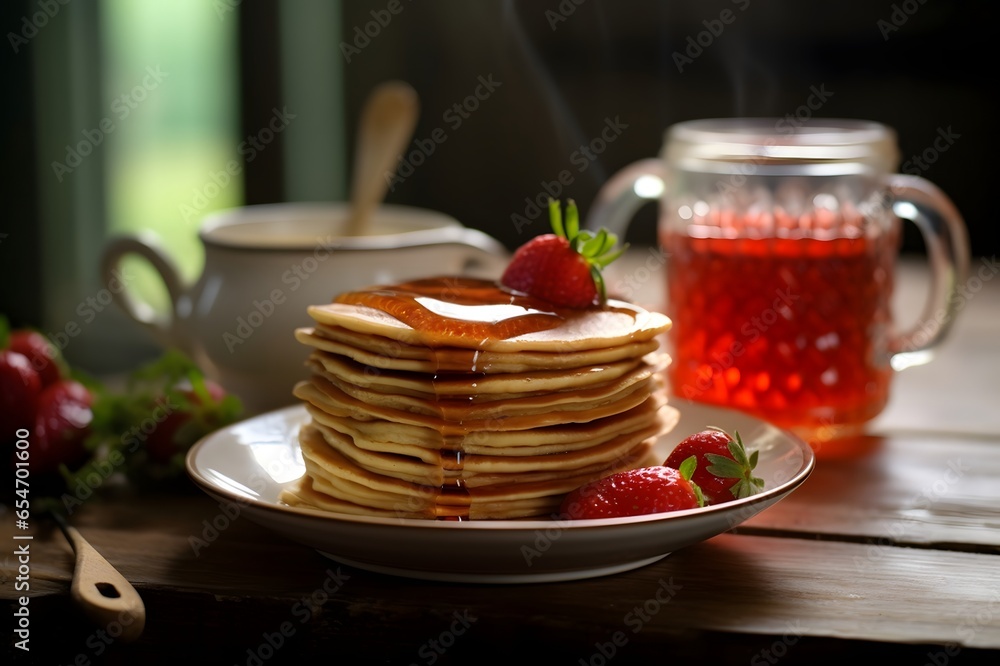Cup of tea with plate of pancakes Cup of tea with plate of pancakes