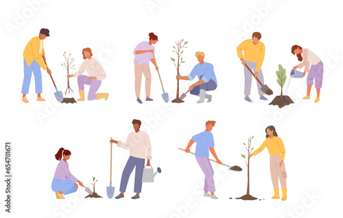 people planting trees. characters working in garden, nature reforestation ecology concept, world environment day, earth day. vector cartoon flat characters.