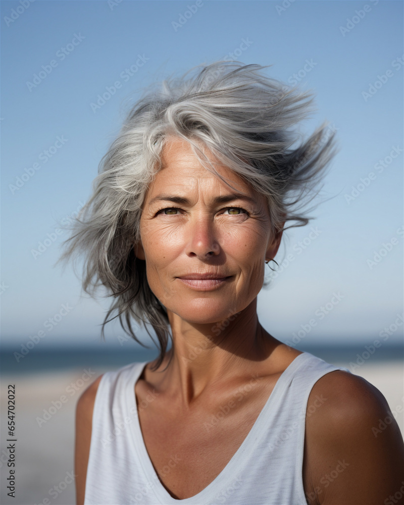 Stunning and Radiant Middle Aged Woman with Gray Hair Embracing