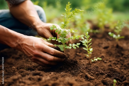 Close up of male hands planting young plant in fertile soil