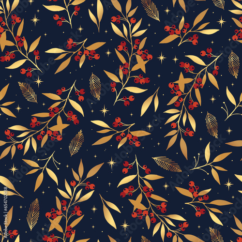 Merry Christmas, Happy New Year blue seamless pattern with gold branches, leaves and berries for greeting cards, wrapping papers. Seamless winter pattern. Vector illustration.