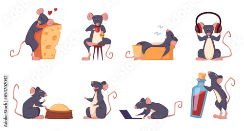 cute rats set. mices with cheese, laptop and poison, isolated on white background, cartoon funny rats in different poses. vector cartoon characters set.