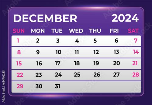 December 2024 Monthly Modern Calendar Design With Shiny Glow in Purple Shade