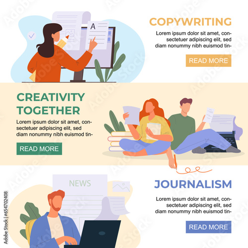 journalists copywriting banners. text typing concept horizontal banners, cartoon characters writing with laptop book or lists. vector cartoon characters horizontal backgrounds.