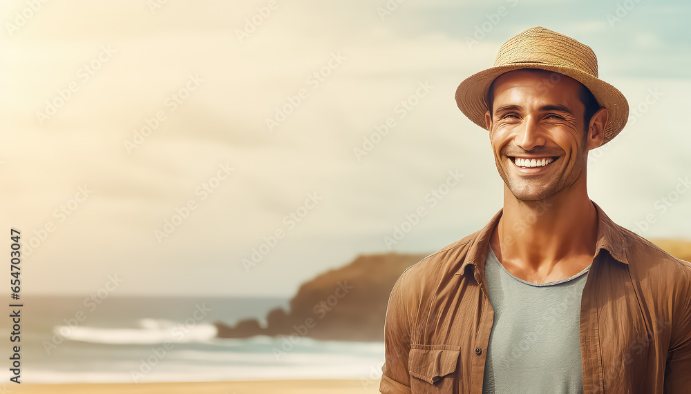 A man travels through the desert and the beach in a beige shirt