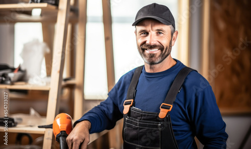 portrait of Carpenter Assembler and Repairer, who Perform a variety of tasks, such as applying siding and weatherboard to building exteriors or assembling and erecting prefabricated buildings