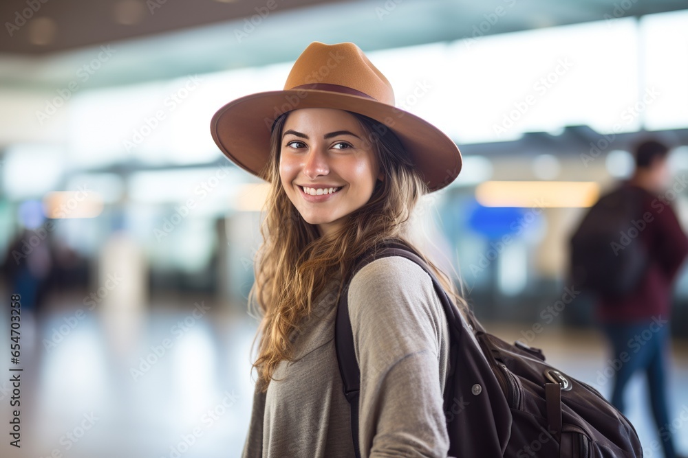 Portrait of smiling female traveler tourist with hat and backpack at airport