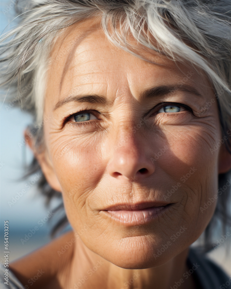 Stunning and Radiant Middle-Aged Woman with Gray Hair: Embracing Femininity and Confidence on the Beach, A Symbol of Timeless Beauty and Grace