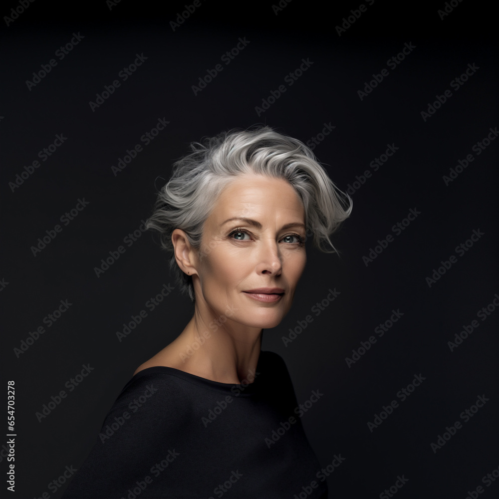Graceful Aging: Stunning Close-up of a Radiant Woman Over 50, Showcasing Her Beautiful Gray Hair, on a Neutral Gray Studio Background, Embodying Confidence and Skincare Mastery