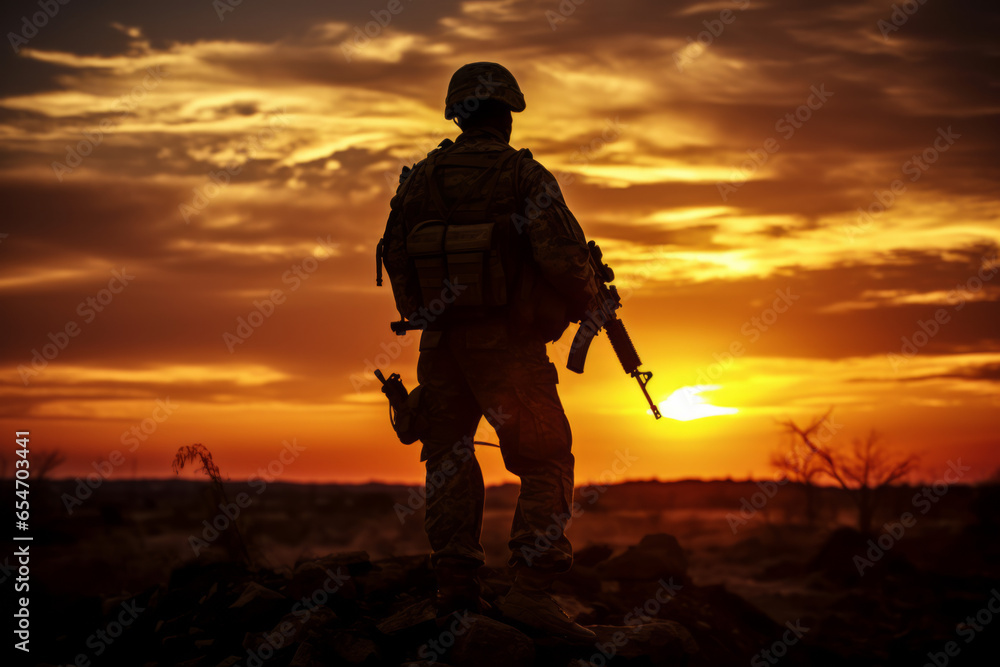 A silhouette view of a soldier on duty as he watches a colorful sunset on the western horizon
