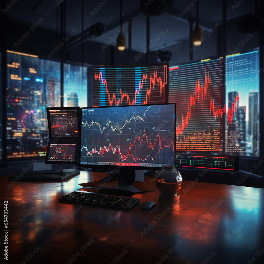 Crypto exchange, trading red and green charts on computer monitors, trading Crypto exchange, trading red and green charts on computer monitors, trading