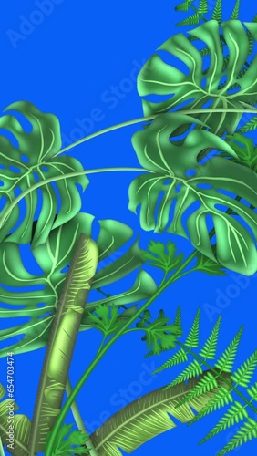 Tropical plants, loop-able from 20:00 to end. Blue screen chroma key. Monstera, Banana Palm. Leaves, ferns, flowers animation on blue background. Vertical video. photo