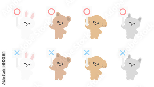 まるばつ札を持った動物のイラストセット