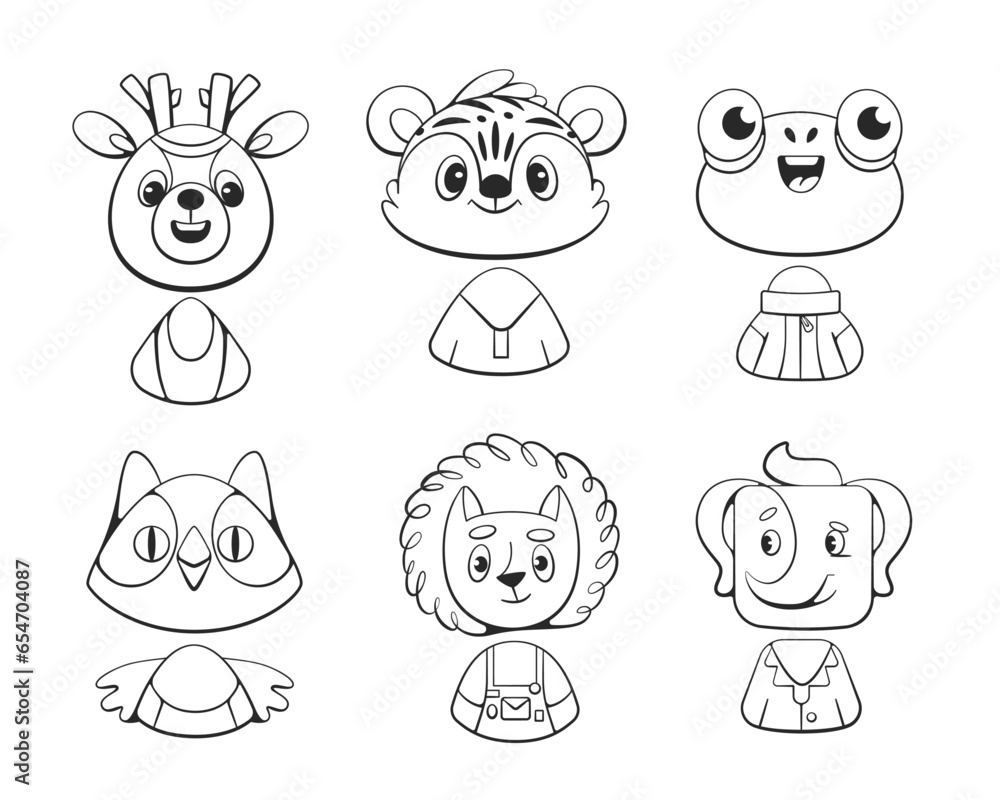 Set of vector cute animals deer, owl, frog, tiger, elephant and hedgehog in line style.