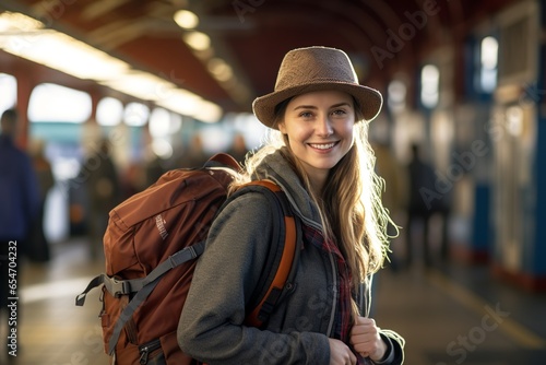Portrait of smiling female traveler tourist with hat and backpack at train station