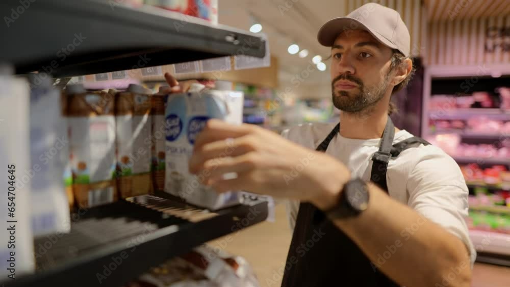 Serious supermarket worker in a white T-shirt and black apron lays out diet vegan milk on the counter. Working with milk and dairy products in a supermarket Serious supermarket worker in a white T-shirt and black apron lays out diet vegan milk on the counter. Working with milk and dairy products in a supermarket